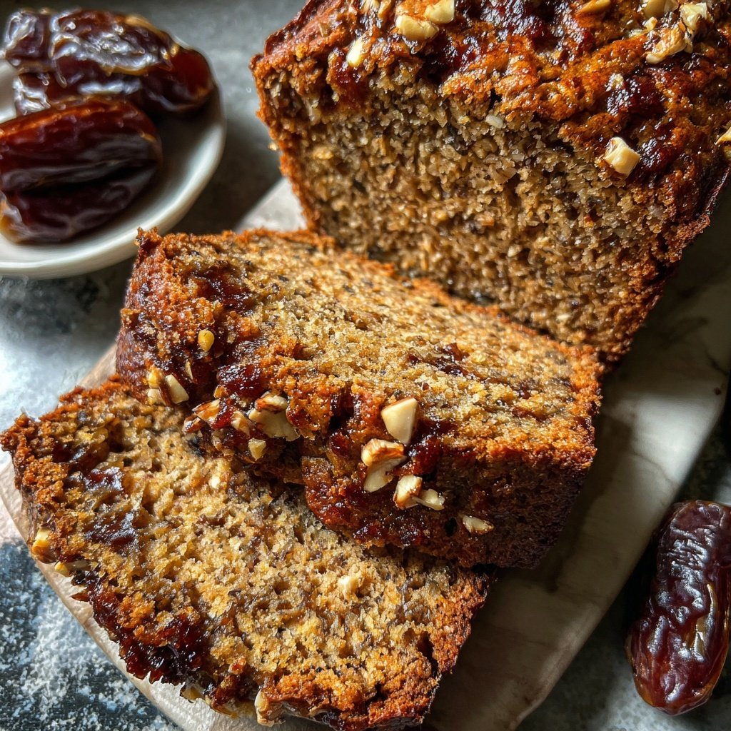 Bananenbrot mit Mandelmus und Datteln