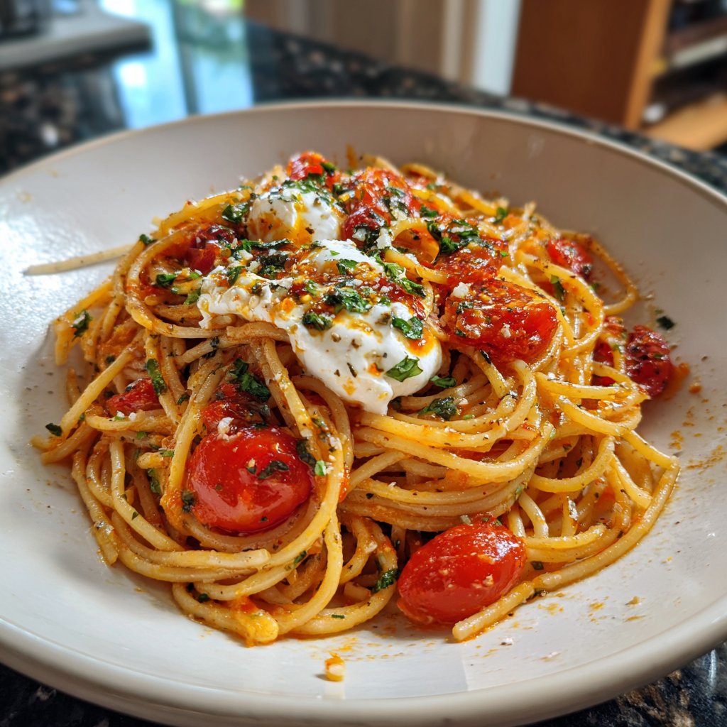 Spaghetti mit Tomaten und Burrata